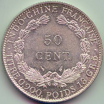 French Indochina 50 cent 1936 silver coin, reverse