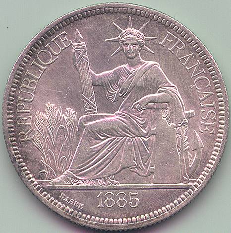 French Indochina Piastre de Commerce 1885 silver coin, obverse