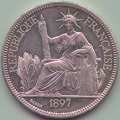 French Indochina Piastre de Commerce 1897 silver coin, obverse