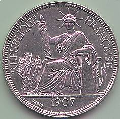 French Indochina Piastre de Commerce 1907 silver coin, obverse