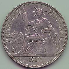French Indochina Piastre de Commerce 1910 silver coin, obverse