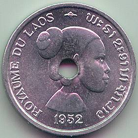 Laos 10 cents 1952 coin, obverse