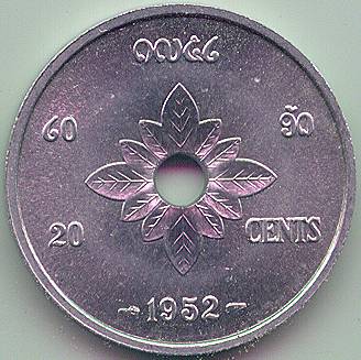 Laos 20 cents 1952 coin, reverse