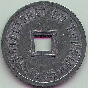 Tonkin sapeque 1/600 piastre 1905 zinc coin, obverse