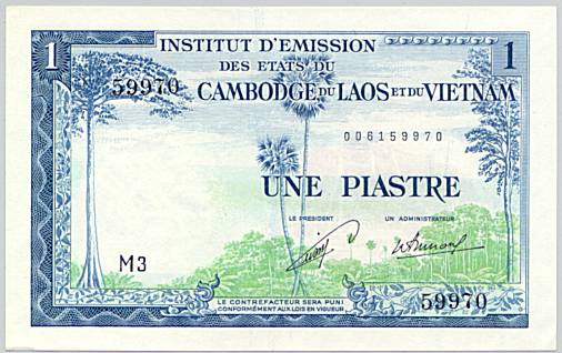 French Indochina banknote 1 Piastre 1954 Laos, face