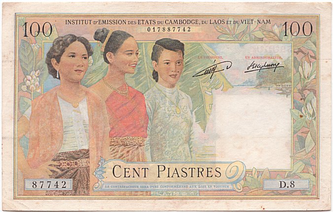French Indochina banknote 100 Piastres 1954 Laos, face