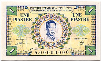 French Indochina banknote 1 Piastre 1952 Vietnam specimen, face