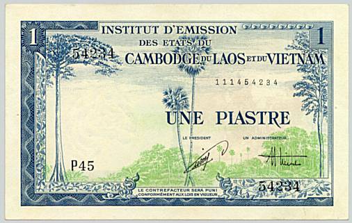French Indochina banknote 1 Piastre 1954 Vietnam, face
