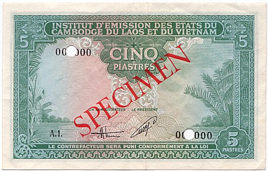 French Indochina banknote 5 Piastres 1953 Vietnam specimen, face