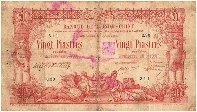 French Indochina banknote 20 Piastres 16-3-1907 Haiphong, face