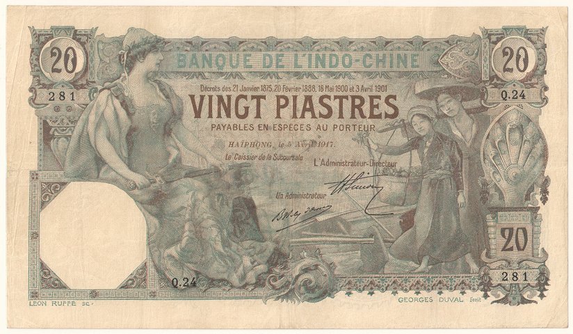 French Indochina banknote 20 Piastres 5-4-1917 Haiphong, face