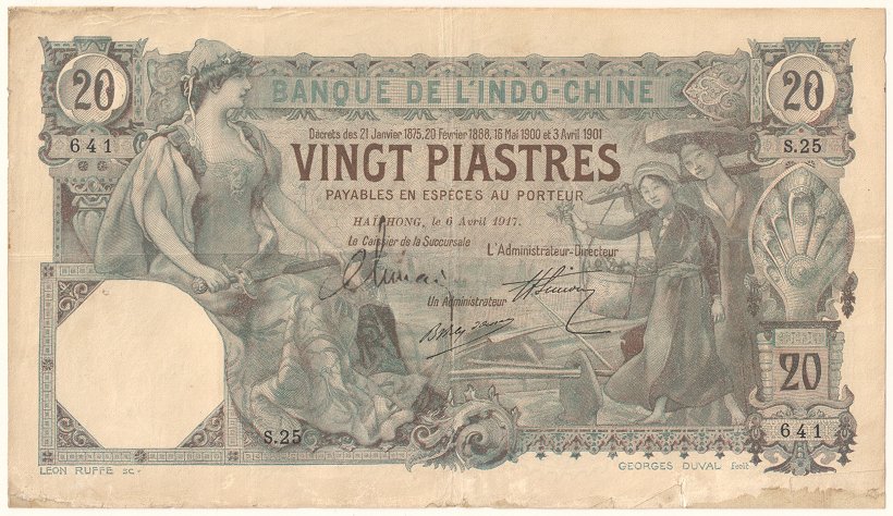 French Indochina banknote 20 Piastres 6-4-1917 Haiphong, face