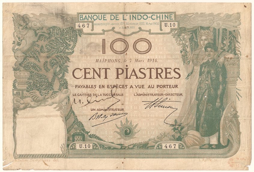 French Indochina banknote 100 Piastres 7-3-1914 Haiphong, face