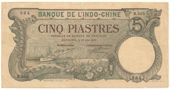 French Indochina banknote 5 Piastres 27-5-1920 Haiphong, face