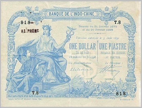 French Indochina banknote 1 Dollar/Piastre 1892-1899 Haiphong, face