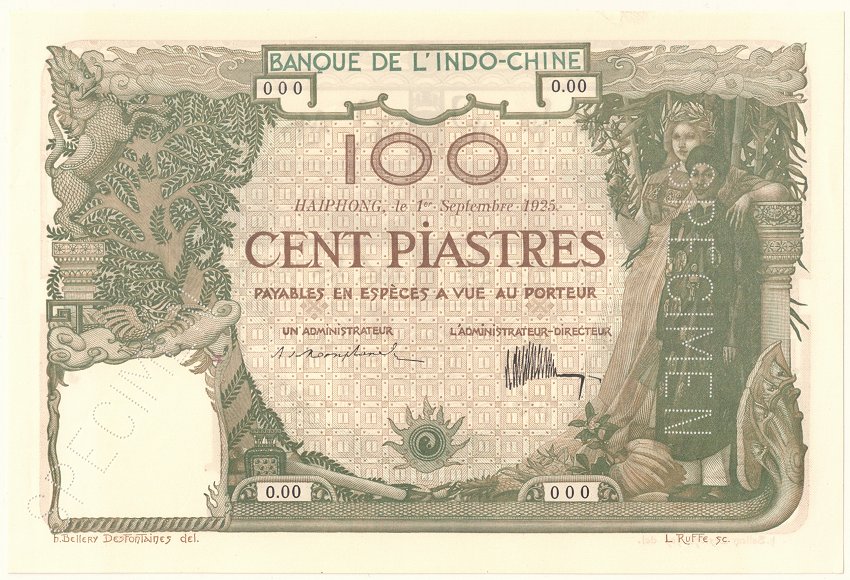 French Indochina banknote 100 Piastres 1-9-1925 Haiphong specimen, face