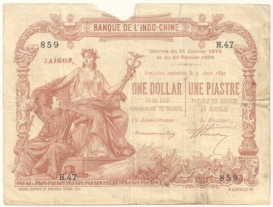 French Indochina banknote 1 Dollar/Piastre 1900 Saigon, face