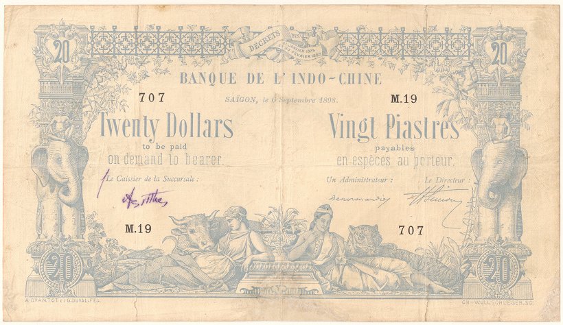 French Indochina banknote 20 Dollars/Piastres 6-9-1898 Saigon, face