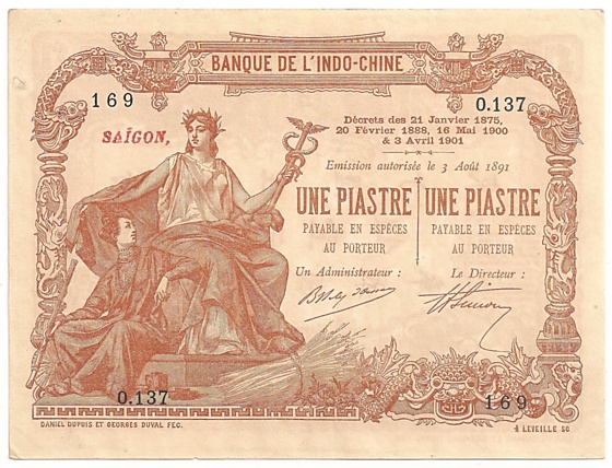 French Indochina banknote 1 Piastre 1903-1909 Saigon, le Directeur, face