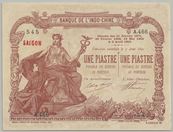French Indochina banknote 1 Piastre 1909-1921 Saigon, face