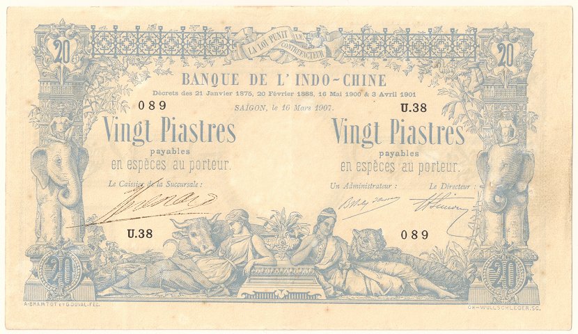 French Indochina banknote 20 Piastres 16-3-1907 Saigon, face