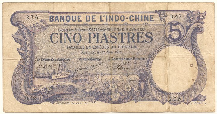 French Indochina banknote 5 Piastres 12-6-1913 Saigon, face