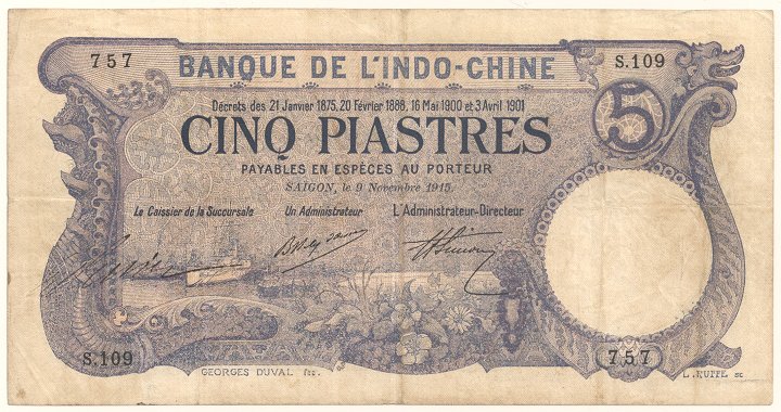 French Indochina banknote 5 Piastres 9-11-1915 Saigon, face