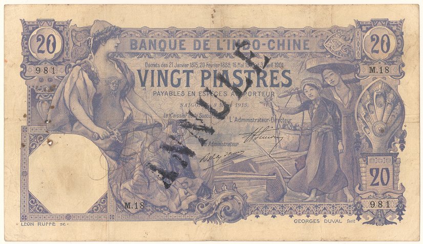 French Indochina banknote 20 Piastres 8-5-1913 Saigon, annule, face