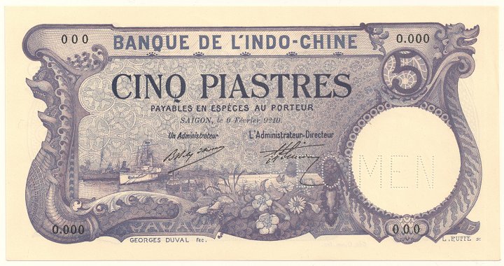 French Indochina banknote 5 Piastres 1920 Saigon specimen, face
