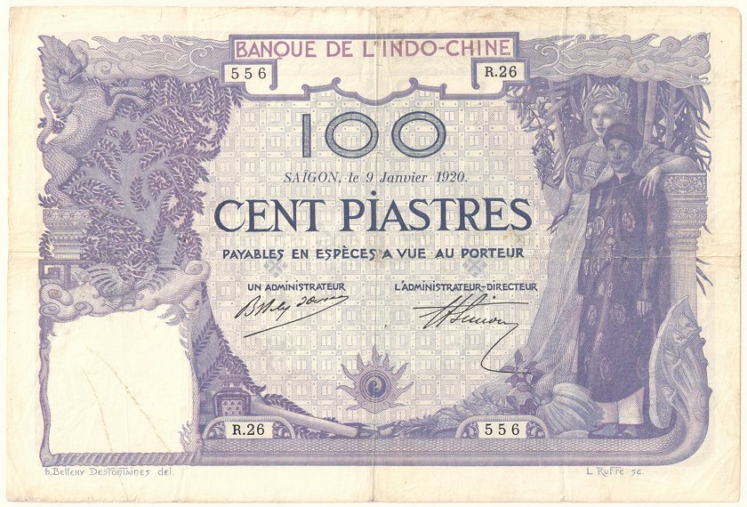 French Indochina banknote 100 Piastres 9-1-1920 Saigon, face