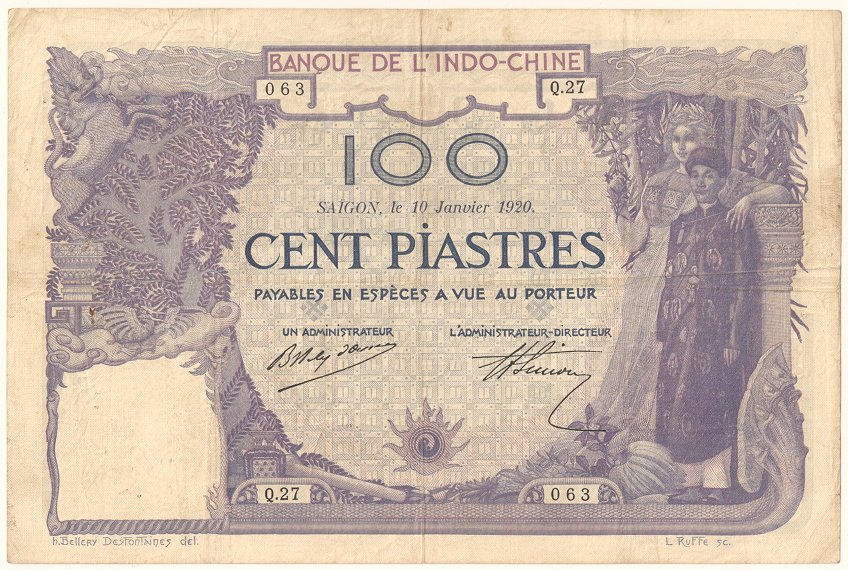 French Indochina banknote 100 Piastres 10-1-1920 Saigon, face