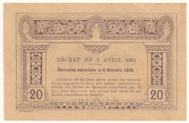 French Indochina fractional banknote 20 Cents 1920, back