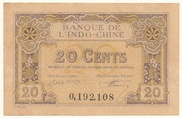 French Indochina fractional banknote 20 Cents 1920, face