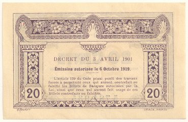 French Indochina fractional banknote 20 Cents 1920, back