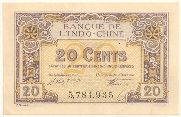 French Indochina fractional banknote 20 Cents 1920, face