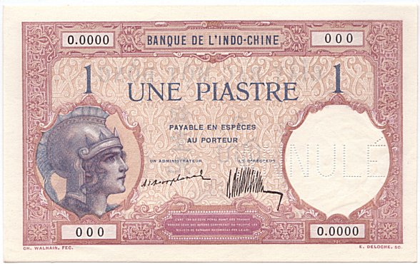 French Indochina banknote 1 Piastre 1921-1926 specimen, face