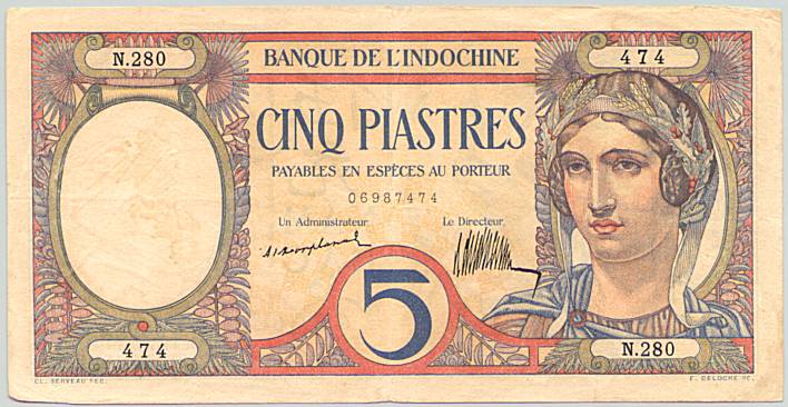French Indochina banknote 5 Piastres 1926, face