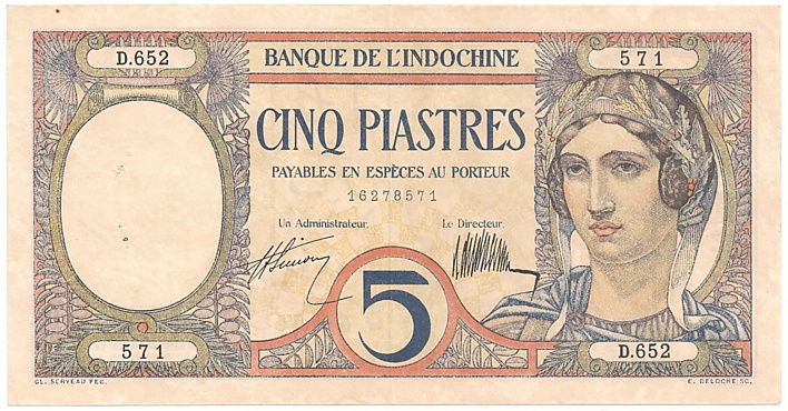 French Indochina banknote 5 Piastres 1927-1931, face