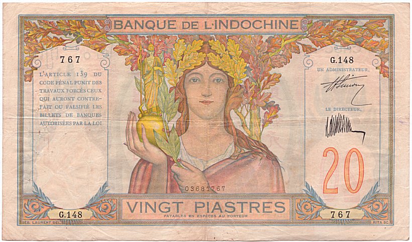 French Indochina banknote 20 Piastres 1928-1931, face