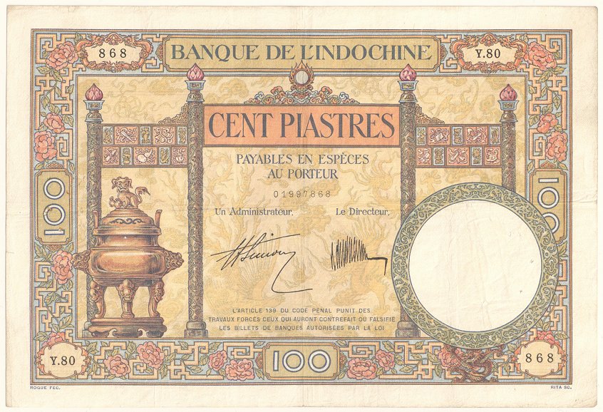 French Indochina banknote 100 Piastres 1927-1931, face