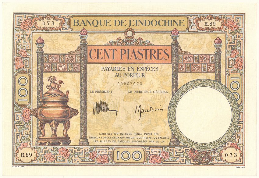 French Indochina banknote 100 Piastres 1932-1935, face