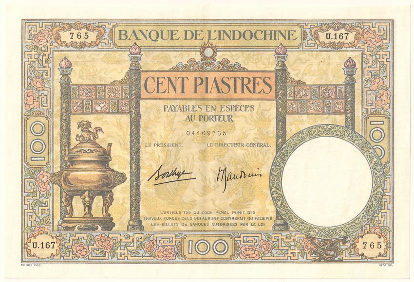 French Indochina banknote 100 Piastres 1936-1939, face