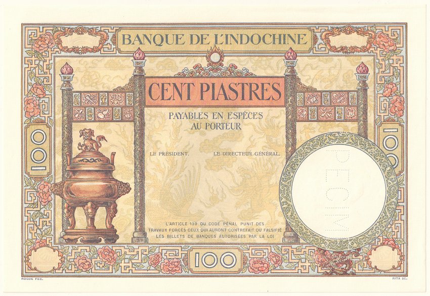 French Indochina banknote 100 Piastres 1932 specimen, face