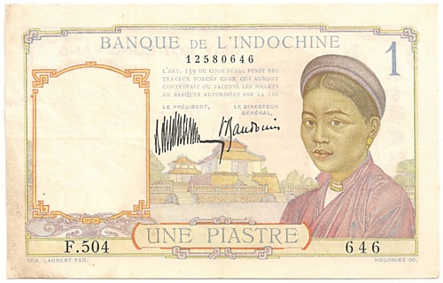 French Indochina banknote 1 Piastre 1932, blue one, face