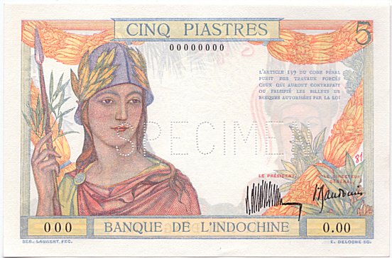 French Indochina banknote 5 Piastres 1932 specimen, face