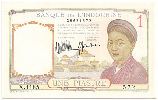 French Indochina banknote 1 Piastre 1932, red one, face
