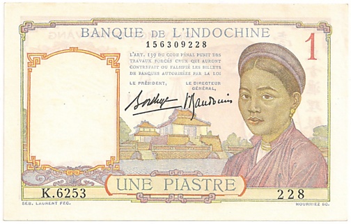 French Indochina banknote 1 Piastre 1936, face