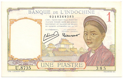 French Indochina banknote 1 Piastre 1946, face