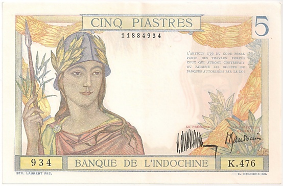 French Indochina banknote 5 Piastres 1932, face