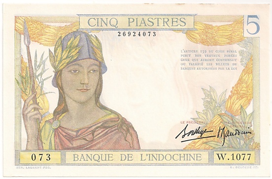 French Indochina banknote 5 Piastres 1936, face